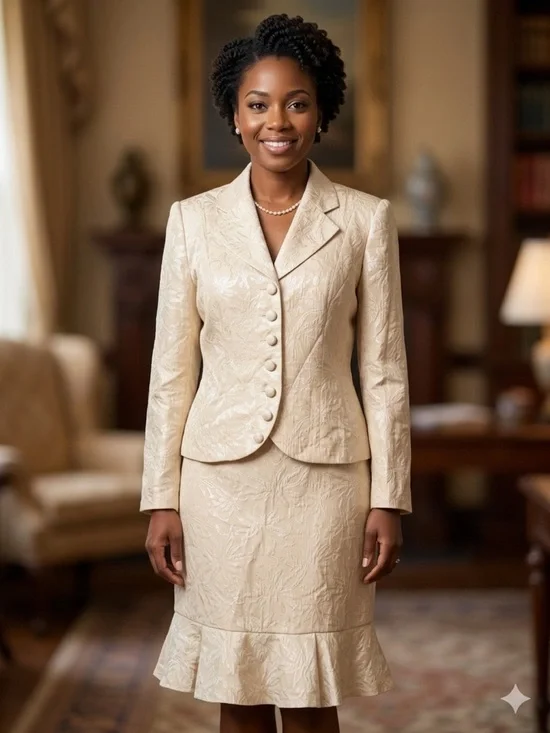 Vtg Isabella Suits 2-Piece Skirt Set Size 12 Cream Jacquard Floral Blazer Ruffle - Picture 1 of 15